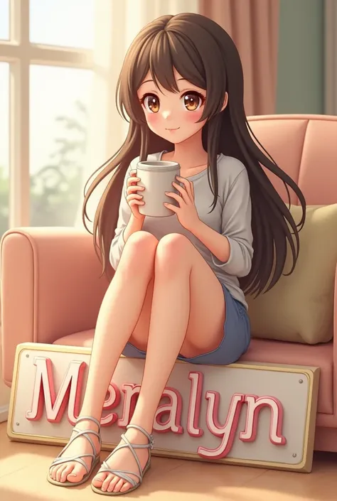 render a cute 3d anime 30 year old female lady and he is sitting with legs crossed on a beautiful nametag and MERALYN name on the tag and the name is written on 3d, she is holding a cup of coffee. she has a long hair. the name is fully shown.