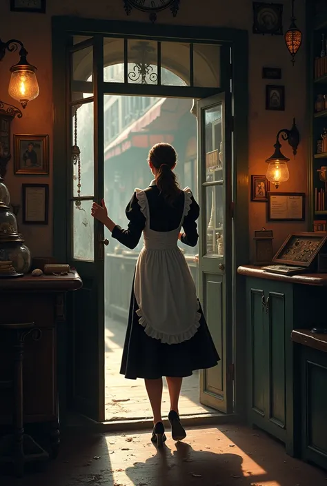 A scene where a maid walks in from inside an old pawnshop