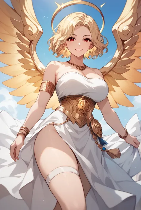 Woman, red eyes, light blonde hair, short hair, wavy hair,Golden bracelets, white clothes with golden details, golden wings, golden halo,Greek style, big breasts,, anime style,Conceited smile 