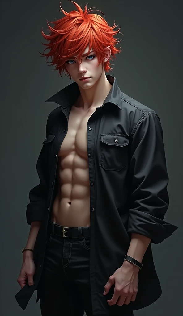  boy, , muscular,  reddish red hair, blue eyes with black eyeliner,  black clothes 