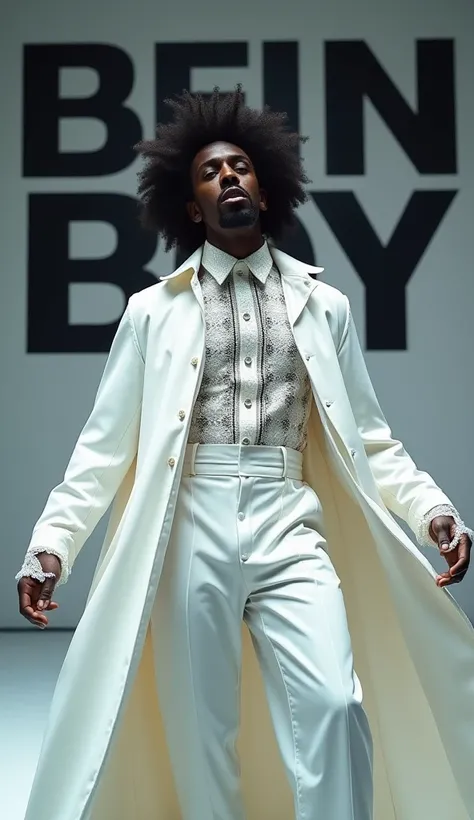 Afro male in a white Gothic outfit singing with the word Benin Boy boldly written on the Background