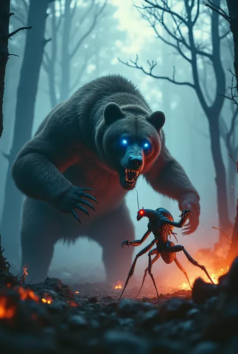 I want to create the video "A high-action cinematic video showing a massive, muscular bear and a terrifying mantis in a fierce battle. The bear, with glowing blue eyes, charges forward on its hind legs, roaring as its claws swipe through the air. The manti...