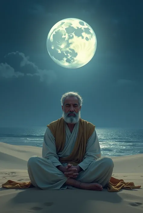 Create an image of imam zain ul abideen sitting in the desert in full moon night besides ocean 