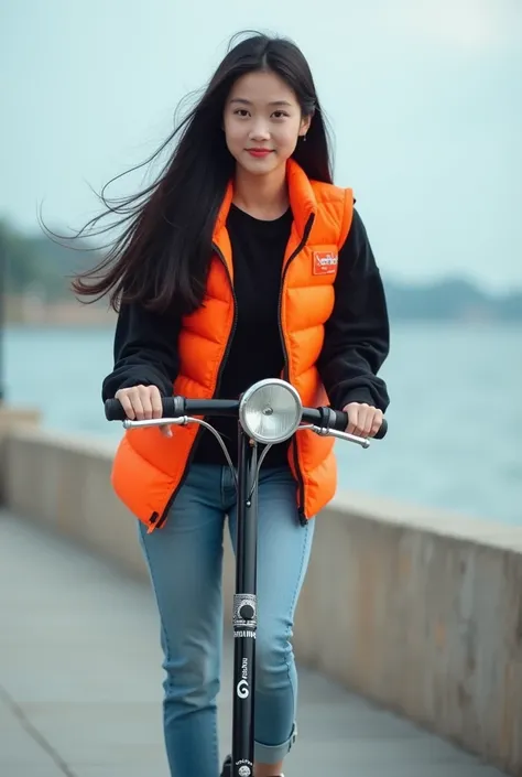 A cute young woman with sleek black hair,
She wears a long black sleeve shirt,cover by orange SeuaPhiWin vest,
jeans pant,sneaker,
riding on her scooter on seaside background, random shot,