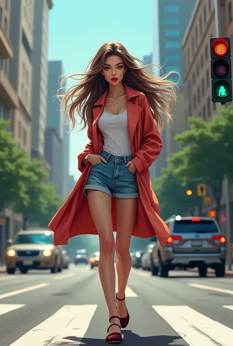 Girl with with and brown hair and blue eyes with red lips walking road crossing with green signal