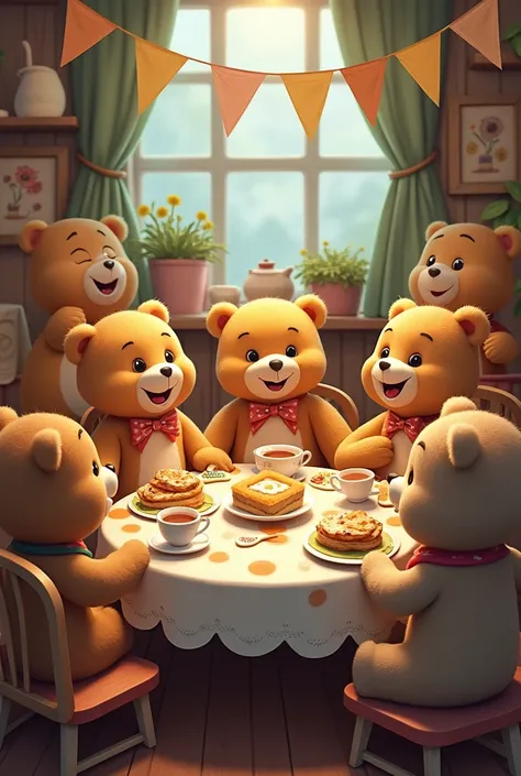 Teddy bears eat in a lively manner