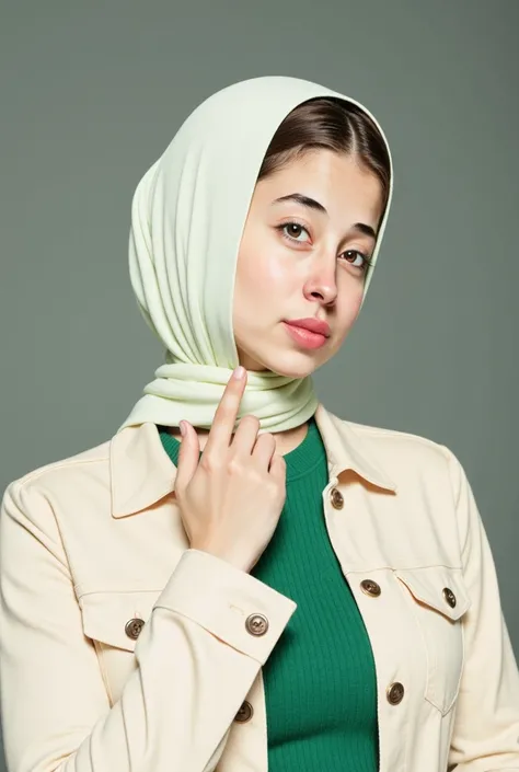 Close-up of a young woman wearing a light beige/taupe colored jacket and a light cream-colored hijab with a sage green/mint green ombre effect. 


The woman is positioned in a three-quarter view, looking directly at the camera with a neutral expression. He...