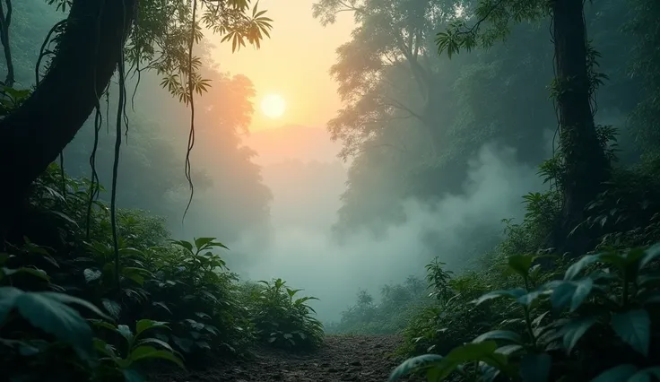 A dense jungle shrouded in mist at dawn, the soft orange glow of the rising sun peeking through the trees, creating a surreal atmosphere. The camera angle shifts low, capturing the forests dense vegetation and fog as it swirls, adding a mystical aura to th...