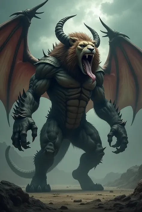 Lion-headed monster, snake tongue, Tato shell , Bat wings, ram&#39;s horns, Scorpions tail and gorilla arms 