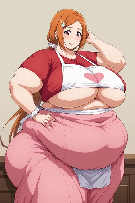 inoue orihime, Orihime Inoue,  long hair,  orange hair, (brown eyes),low ponytail, Im tying my hair to one at the back, ((Pink Skirt)), Long Skirts,((Red T-shirt)), (( white apron)),Long apron, White scrunchie,40 years old,milf,  score_9,  score_8_ up,  sc...