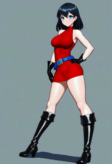 A short black-haired woman ,  big bright blue eyes ,  a tight red dress with a blue belt with two buckles and long black gloves that seem stretchable.  wears a short skirt and boots that complement the outfit design .