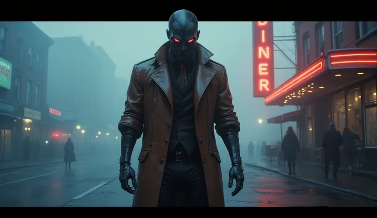 Medium Shot Screengrab of 1950s Super Panavision 70 movie. Retro in color. A menacing cyborg stepping into a fog-filled street, dressed in a vintage leather trench coat, with glowing red eyes piercing through the haze. The scene is illuminated by a flicker...