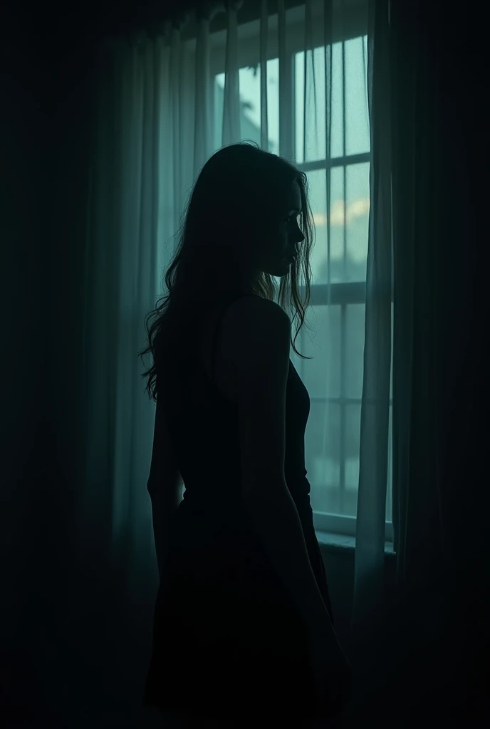 A woman looking towards a darkened window with curtains slightly fluttering, as if someone just moved away. The atmosphere is eerie, with a faint silhouette visible outside the window