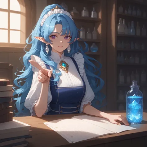 A cheerful aqua elf receptionist, a beautiful woman, is warmly welcoming adventurers at the guild counter, with long straight blue hair, a half-up hairstyle with hairpins decorated with small shells and water droplets, gentle purple eyes, pearl earrings in...