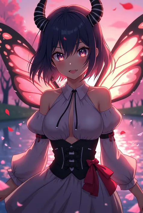 A highly detailed and high-resolution masterpiece by Shinobu Kocho, The beautiful and terrifying dynamic action of the Demon Slayer Corps. Her voyeur had some butterflies., Highlights the exquisite detail of her butterfly-themed outfit and the fierce expre...