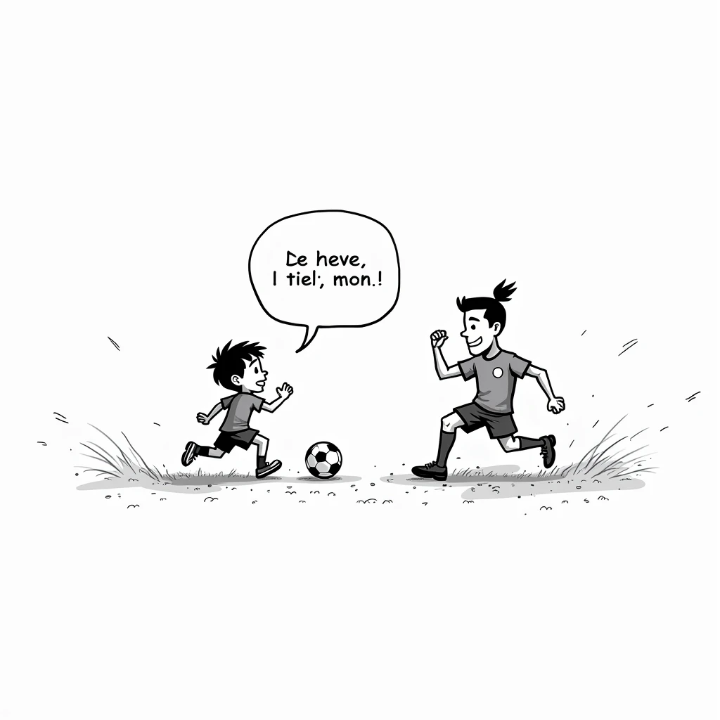 Créer une image Un joueur inspiré de Ronaldo explique à un enfant comment utiliser un angle pour marquer un but.  The  applies the strategy and scores. The player celebrates with him by saying  : "Les maths, c’est le secret de mes meilleurs tirs !" Dessin ...