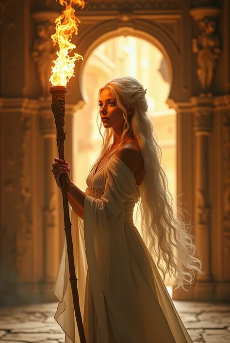 Beautiful woman with long white hair and green eyes, holding a glowing torch in an ancient temple. The walls are adorned with carvings of celestial beings, and a sacred fire burns brightly behind her, illuminating her elegant silhouette.