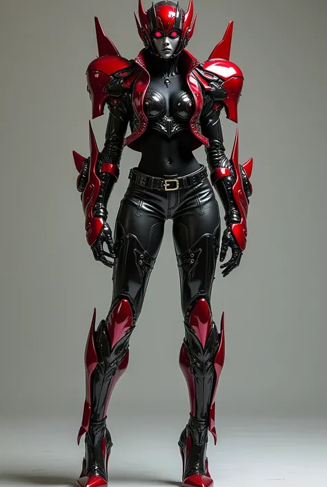 Race: cybertronian triple changer 
Gender: Femme
Height: 11,78 feets
Appearance: robot, All the plates on his body armor are black and red. She wears high-heeled metallic boots, her leg armor plates resembling stockings are torn, and she has plates resembl...