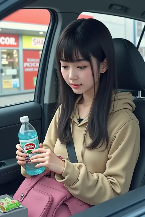 "A young woman with long dark hair and bangs is sitting inside a car. She is wearing a beige hoodie and holding a bottle of Nestlé water in one hand while inspecting a small green-and-white wrapper in the other. A pink bag rests on her lap, and a snack pac...