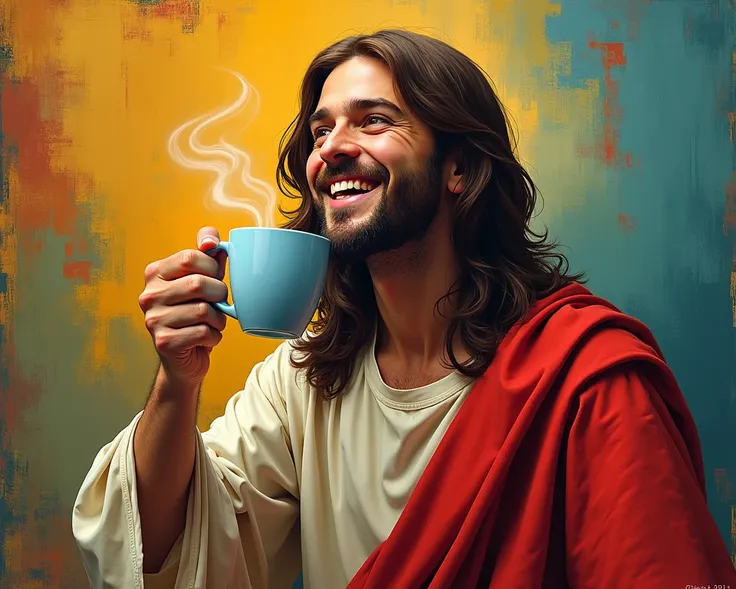 Ek image mein Aisa chahie Jesus hath mein coffee ka gilas liya ho aur Hans raha ho background tagdi Ho Bal lambi Ho uska