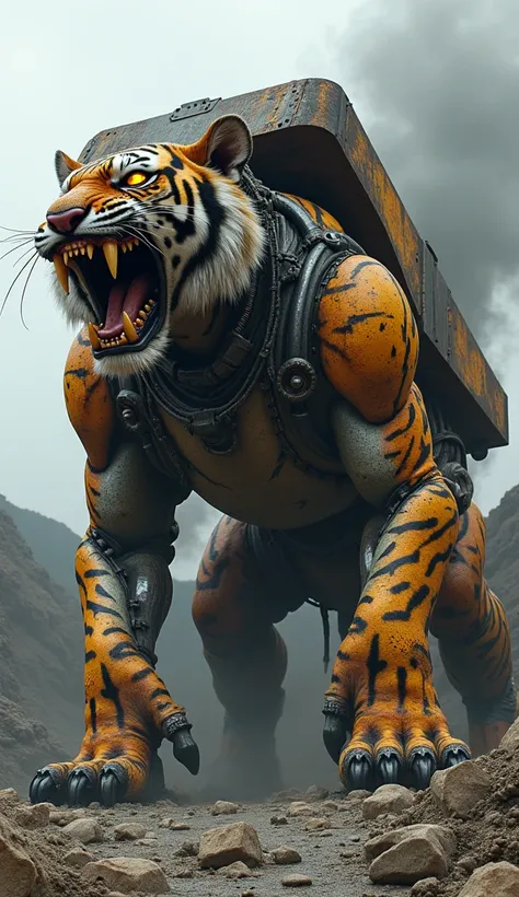 Here’s a detailed description of the terrifying hybrid monster:

A monstrous hybrid towers above a desolate quarry, a grotesque fusion of a tigers predatory elegance and the industrial brutality of a dump truck. This enormous creature is a nightmarish amal...