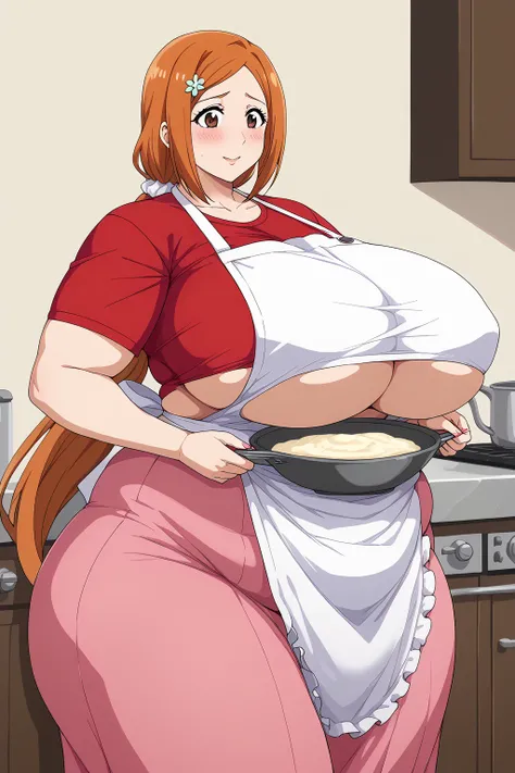 inoue orihime, Orihime Inoue,  long hair,  orange hair, (brown eyes),low ponytail, Im tying my hair to one at the back, ((Pink Skirt)), Long Skirts,((Red T-shirt)), (( white apron)),Long apron, White scrunchie,40 years old,milf,  score_9,  score_8_ up,  sc...