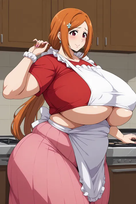 inoue orihime, Orihime Inoue,  long hair,  orange hair, (brown eyes),low ponytail, Im tying my hair to one at the back, ((Pink Skirt)), Long Skirts,((Red T-shirt)), (( white apron)),Long apron, White scrunchie,40 years old,milf,  score_9,  score_8_ up,  sc...