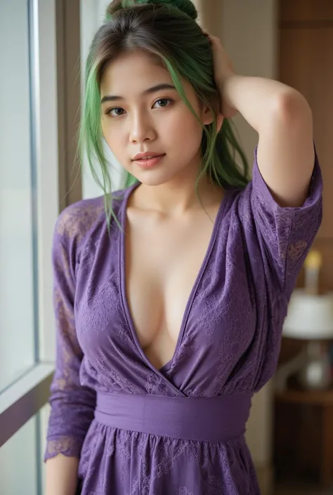 Asian girl, 20 years old, updo hair, green cupper hair colour, fit body, big breast, cleavage, skintight purple lace kebaya, batik long skirt, masterpiece, highly detailed, ultra hd, 8k, detailed face, bright eyes, perfect eyes, detailed skin texture, deta...