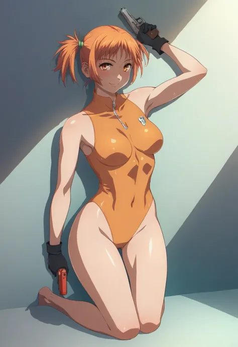 pt， One girl ,Completely naked，Alone,Mikla Suzuki , twin tails, has orange hair, Orange Eyes ,skin tight, orange bodysuit,Thighs, Black Gloves, holding a gun,Pistol,aim, viewers, seductive smile,indoor,Against the wall,Dramatic lighting,shadow,score_8_ up,...