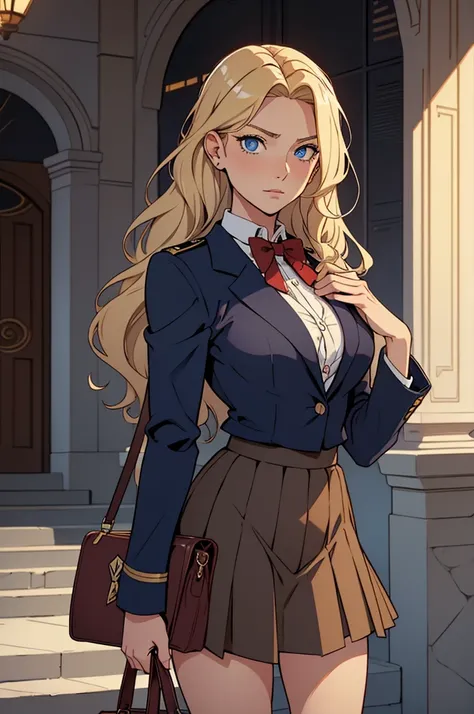 Generate a high-quality image of a teenage girl with styled wavy blonde-dyed hair, perfectly set in an elegant fashion, and deep dark blue eyes. She is wearing a refined school uniform consisting of a dark blue pleated skirt, a crisp white blouse, a deep r...