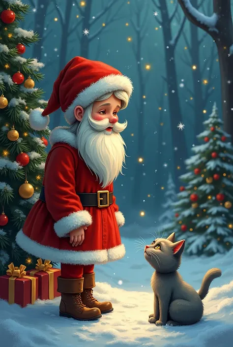  New Years tale illustration ,  where evil Santa Claus stole Olgas faith in a fairy tale and a holiday.  The girl grew up and stopped loving the new year . The girl has a gray , fluffy cat,  that she loves very much .  The girl is sad before the holiday , ...