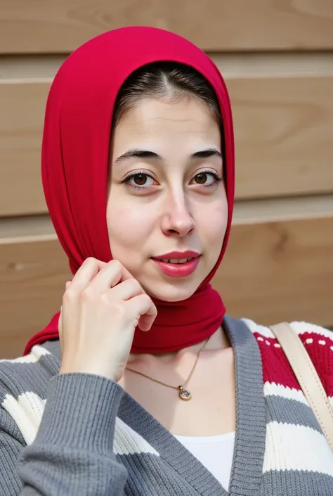 Close-up of a woman wearing a red hijab and a dark gray/charcoal-colored, patterned cardigan. 


The womans face is visible; she appears to be of light complexion with brown eyes.  Her lips are painted with a light reddish-pink lipstick. The hijab is a sol...