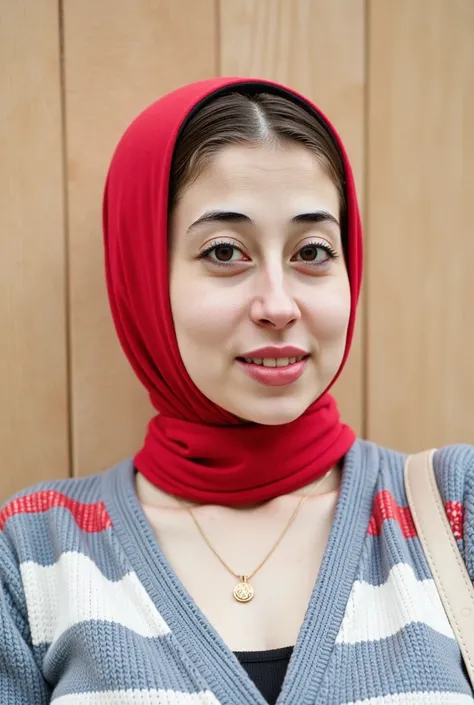 Close-up of a woman wearing a red hijab and a dark gray/charcoal-colored, patterned cardigan. 


The womans face is visible; she appears to be of light complexion with brown eyes.  Her lips are painted with a light reddish-pink lipstick. The hijab is a sol...