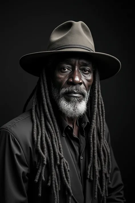 Ebony man, wide brim hat, long hair, dreadlocks, late 50’s, grey hair, (black photo)