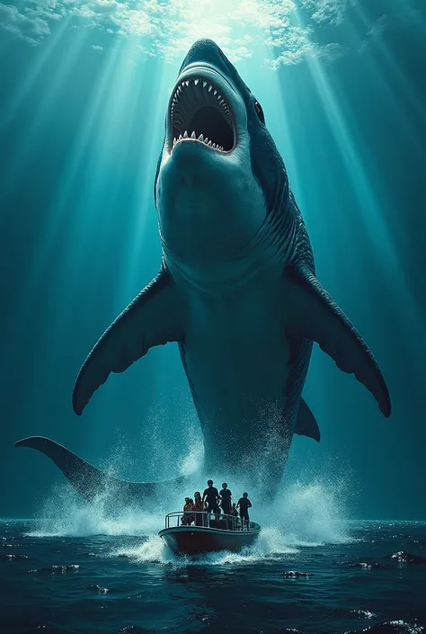  The image shows a movie poster  "Meg",  featuring bright colors and dynamic composition .  In the center is a huge megalodon , jumping out of water ,  surrounded by frightened people and a research boat.  This image symbolizes our perception of ancient mo...