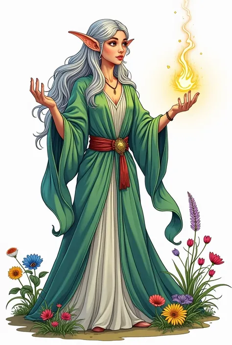 A magical elf with silver hair, casting a spell with her hands. Her robe is made of flowing green and silver fabric, and the ground around her blooms with flowers.

These prompts are ideal for a high-quality fantasy-themed coloring book designed for adults...