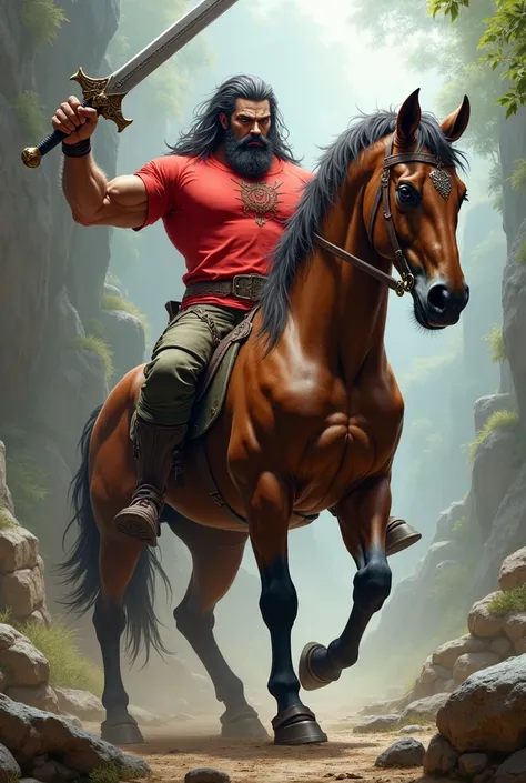 A mythological centaur with a red t-shirt and a sword held high 