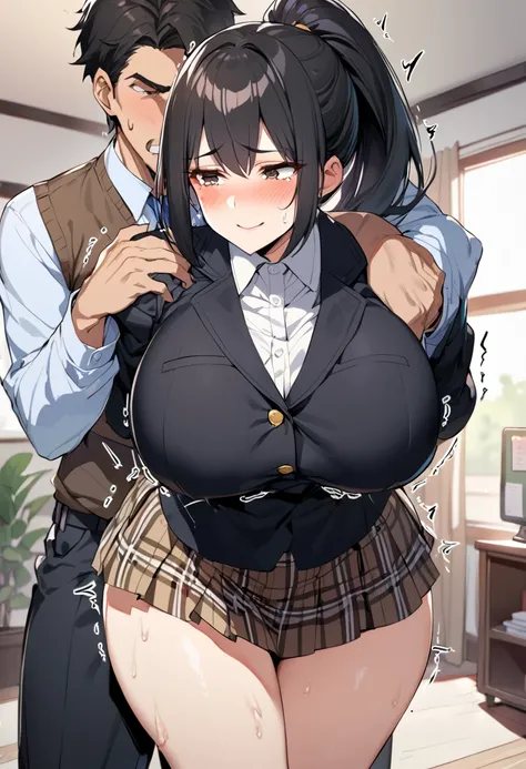 top quality, masterpiece,  high res, 8k, 女の子1peopleと男の子１people,  expressive dark brown eyes, mature woman, (((Trembling Body))), ((( ponytail))), ((( black hair))),  Big Breasts High School Girl, Bad male high school student hugging a high school girl in a...