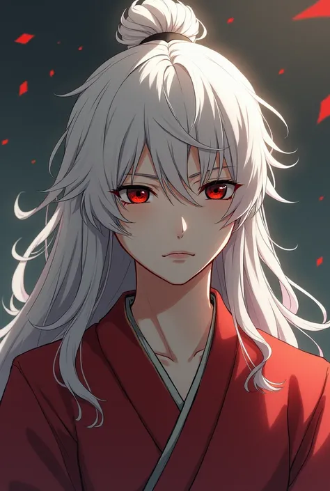  A person of average height , about 175 cm .  His long white hair is in a bun ,  but not fully—the front strands stick out ,  as if emphasizing his focus and tension .  His eyes are deep , red, almost scarlet ,  Despite his outward coolness, ,  his face ex...