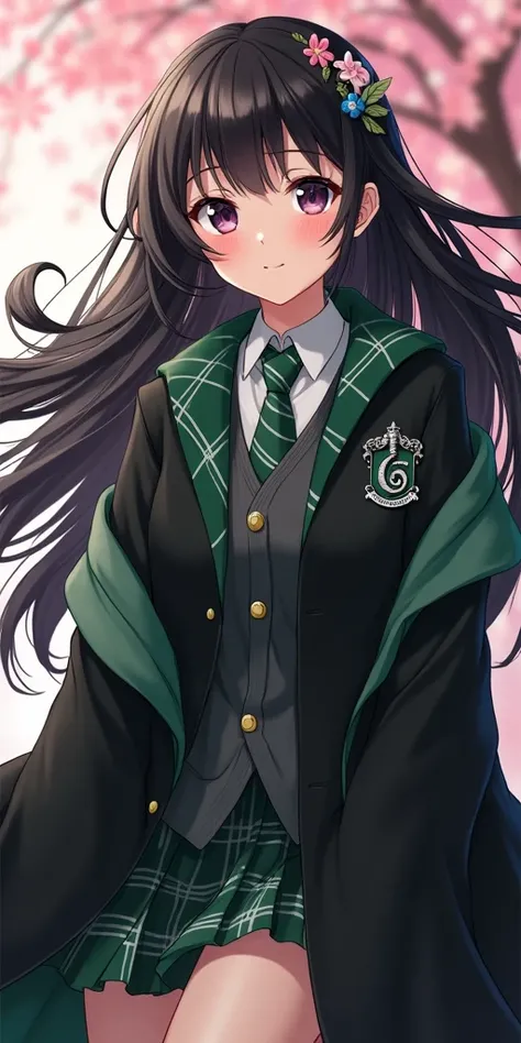 anime girl
Long black hair scattered
Bright skin with a soft glow
Large, clear purple-brown eyes
delicate cherry blossom headdress
A soft and warm smile
black robe with Slytherin green lining
green and silver stripe pattern tie
shiny black loafers
green an...