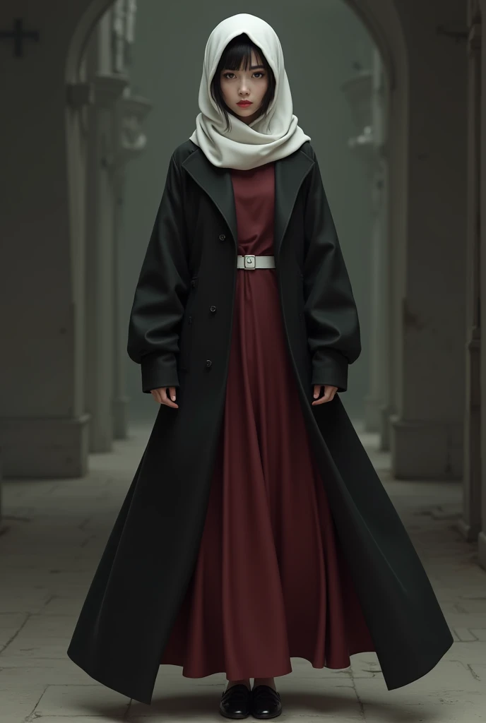 A girl wearing a bergaundy dress and a black coat with white belt, black shoes and white head scarf 