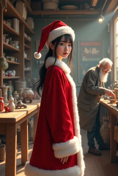 Japanese beautiful girl、 slender 、工房の中で、 light is shining in the workshop、 wearing a Santa Claus costume 、Im standing next to a French old man repairing a sled and watching the sleigh、