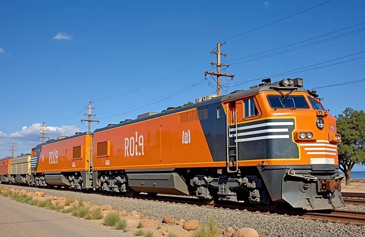 60s style powerful locomotive travelling through an orange rocky desert, avant garde design locomotive, telegraph poles near tracks, (((very long slender thin electric locomotive))), clear blue sky, (many wheels), streamlined locomotive, (((avant garde sty...