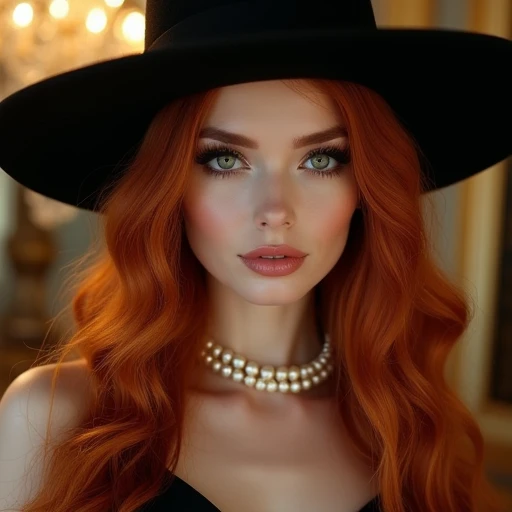  Image of a beautiful woman with long copper red hair,  bright green eyes ,  with a profiled face and beautiful cuddly ,  snow-white skin ,  pink cheeks,  long eyelashes , and pink lips ,  wearing a large black French hat ,  a magical black dress fitted to...