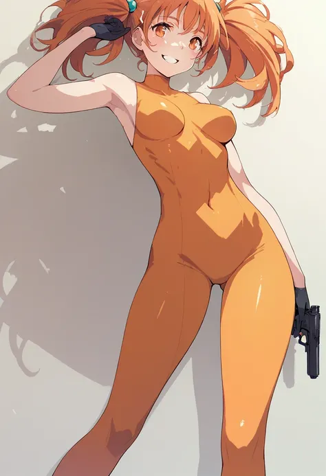 pt， One girl ,Completely naked，Alone,Mikla Suzuki , twin tails, has orange hair, Orange Eyes ,skin tight, orange bodysuit,Thighs, Black Gloves, holding a gun,Pistol,aim, viewers, seductive smile,indoor,Against the wall,Dramatic lighting,shadow,score_8_ up,...