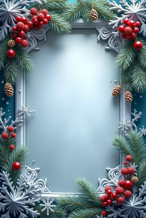 Hd, 8k: The image features a winter-themed frame with a festive design. The edges of the frame are adorned with decorative elements such as pine branches with cones, bright red berries, sparkling snowflakes, and silver ornaments. The corners are emphasized...