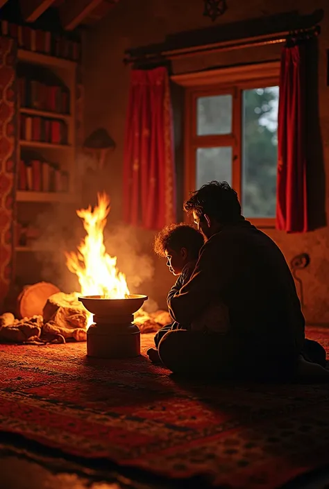 Interior of homes where a family huddle under traditional Kangris for warmth, surrounded by intricate Kashmiri carpets and shawls, soft, atmospheric, cultural, warm, intricate, cinematography style inspired by Jimmy Nelson, tribal and cultural storytelling...