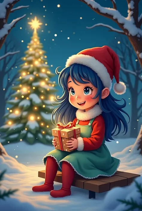 Childrens book characters, winter park，night, Christmas tree,  Christmas， A happy seven-year-old girl wearing a Christmas hat, with wavy blue hair ,  wears a red and light green dress，She sat on the bench，Christmas gift box on her lap ，Light Particles, Lig...