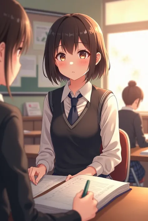 Pretty short-haired schoolgirl asking for help with homework