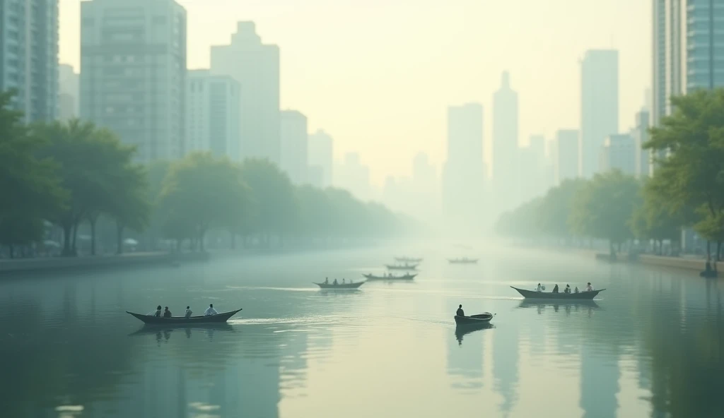 A calm urban river with small boats floating gently on its surface, the distant city skyline softly blurred by a morning mist, creating an atmosphere of stillness and quiet beauty.